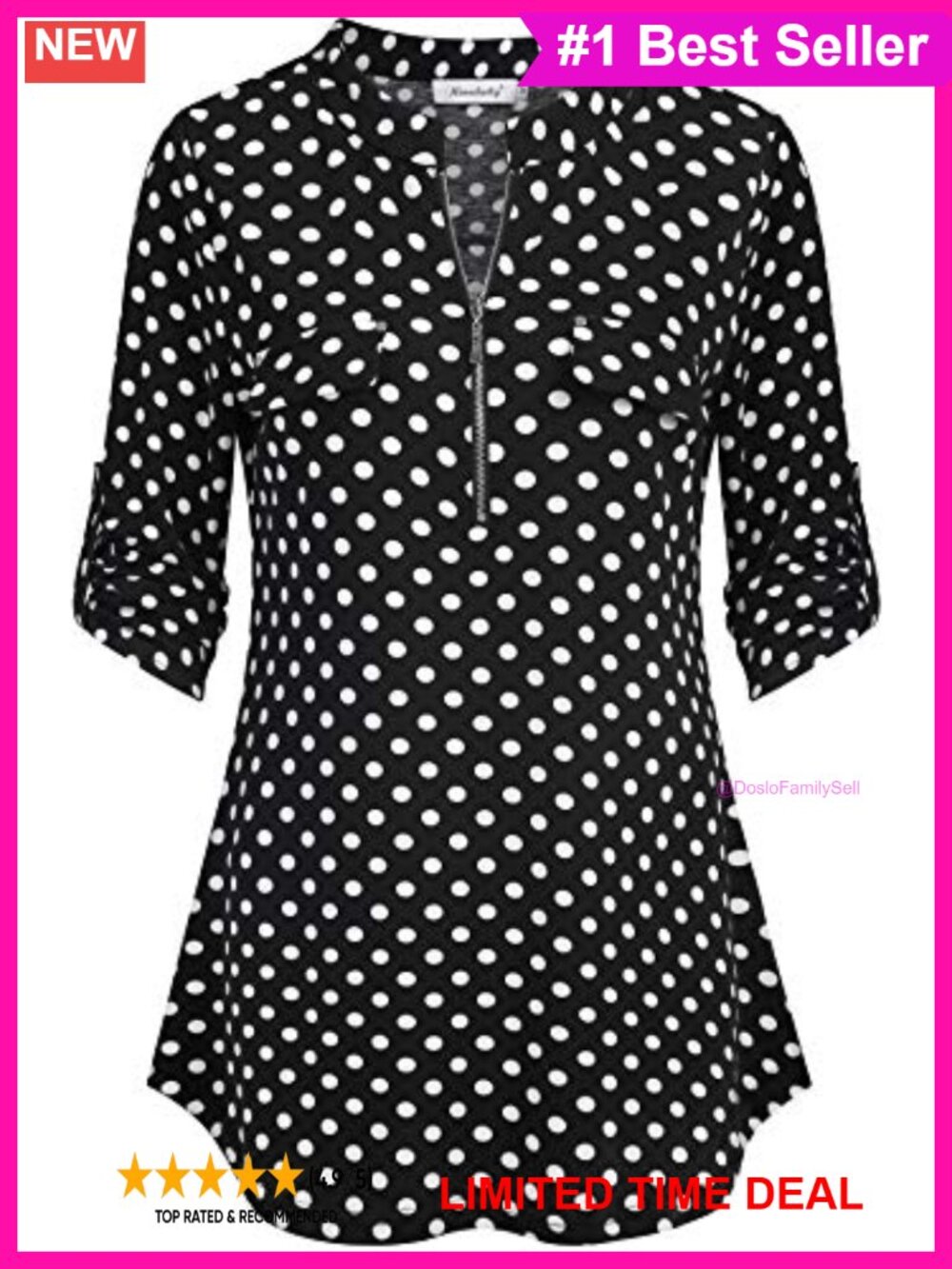 Plaid Floral Zip V-Neck 3/4 Sleeve Tunic Blouse